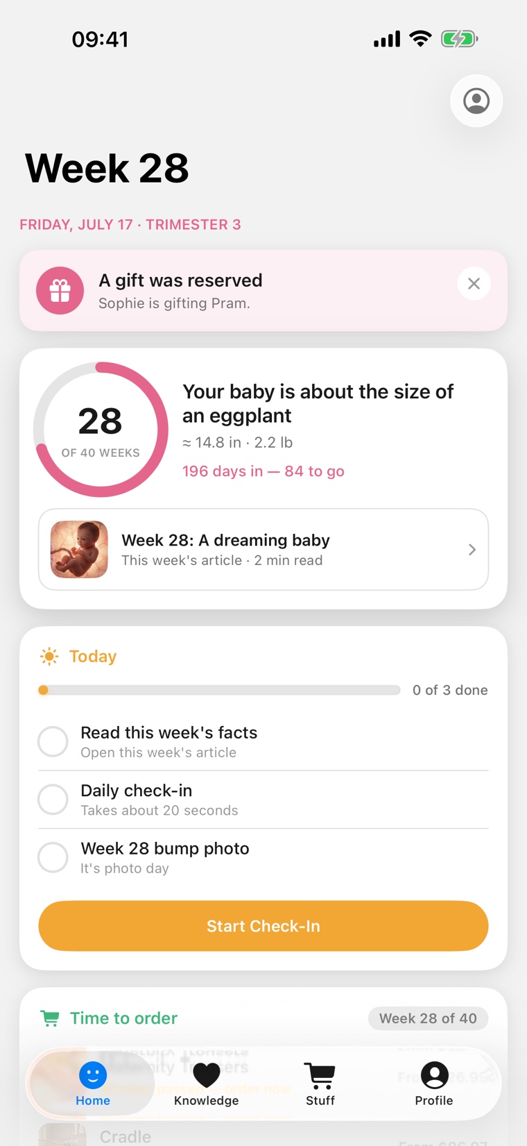 Novamilli home screen showing week progress
